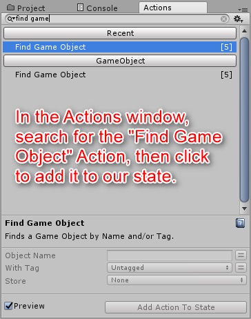 「Find Game Object」アクションを追加