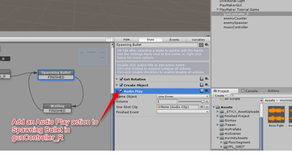 Spawning BulletステートにAudio Playアクションを追加