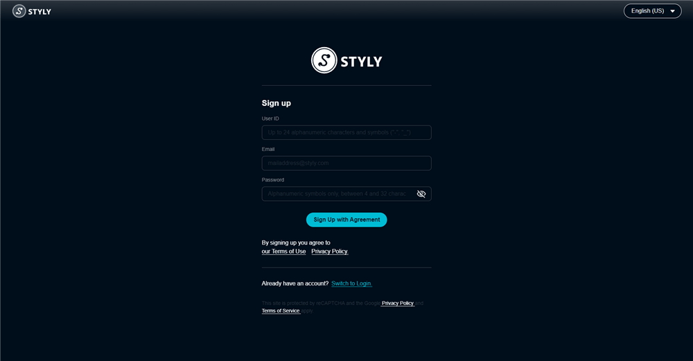 Sign up screen