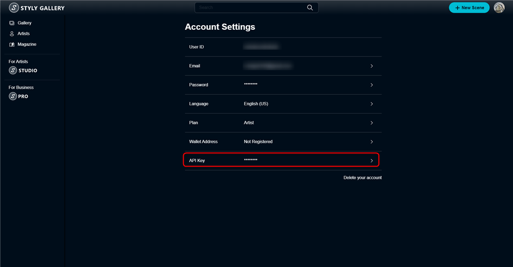 Copy API key in Account tab