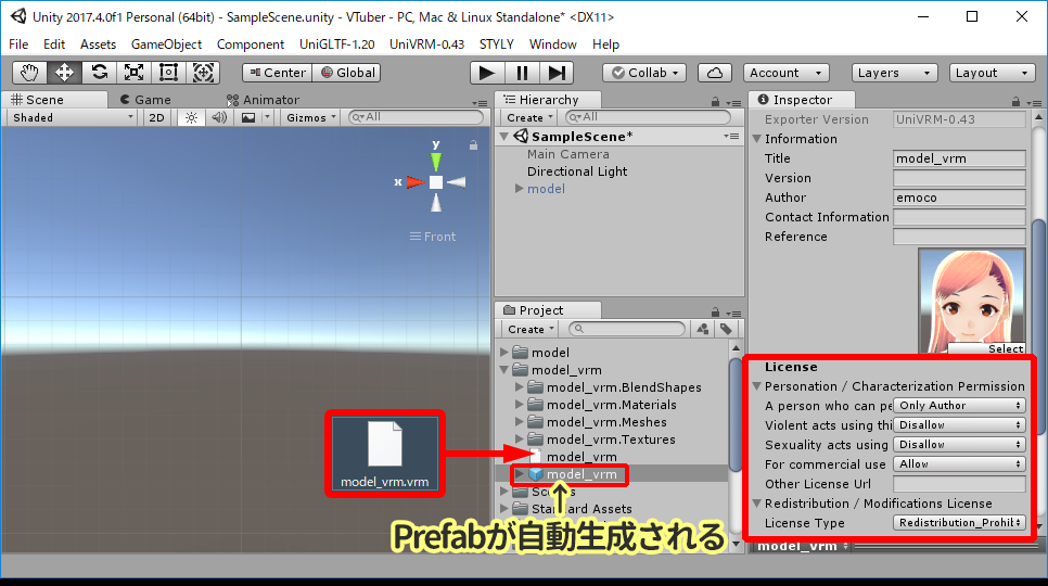 Placing a VRM model data in the Project