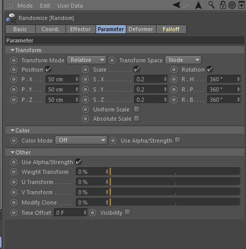  Make sure now selecting the Cloner Object and create random effector. Goto Parametor tab and Transform below. Rocks : tutorial 1. modeling with c4d r20 volume modeling.