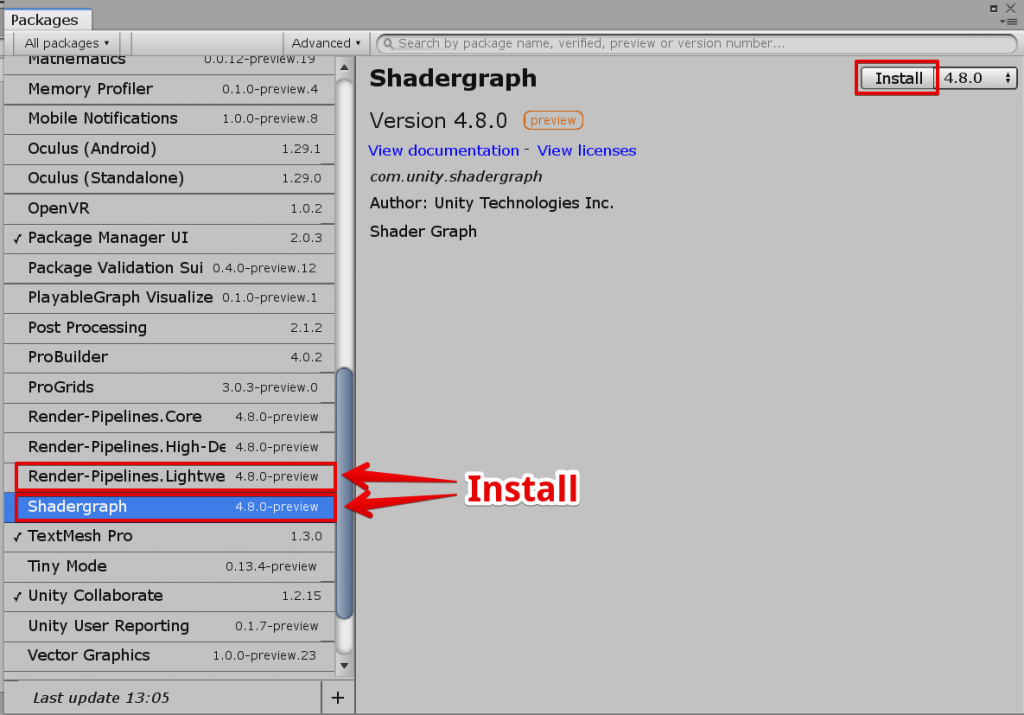 ShaderGraphとRender-Pipeline.Lightweightをインストール