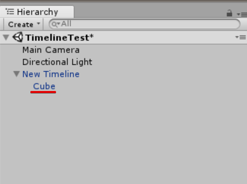 Timelineオブジェクトの中にCubeを入れる