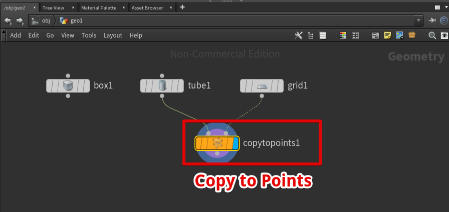 Copy to Pointsの左側にコピー対象のジオメトリ、右側にはコピー先となるポイントを指定