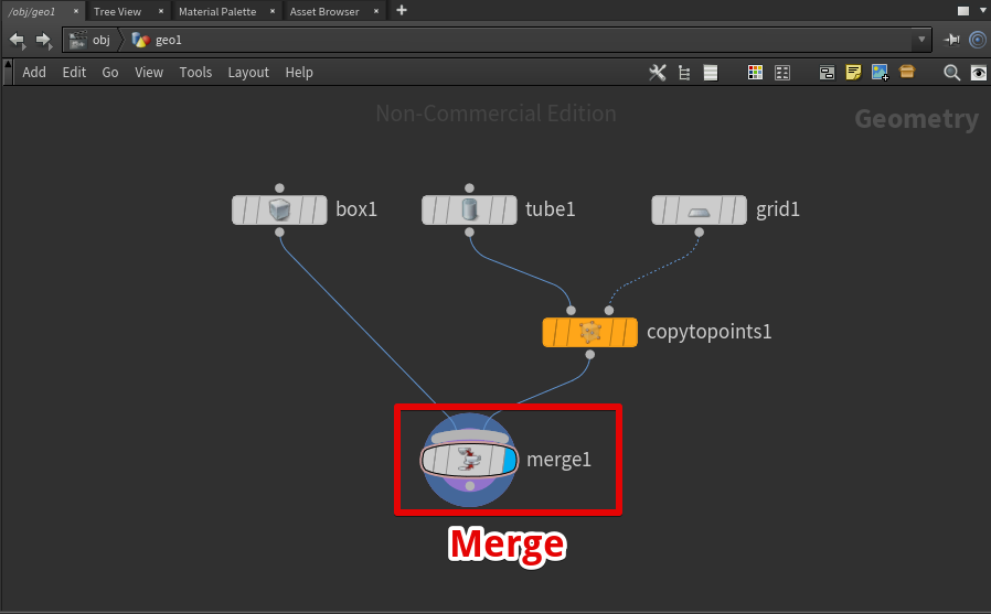 Mergeノードでテーブル脚とテーブル板を結合