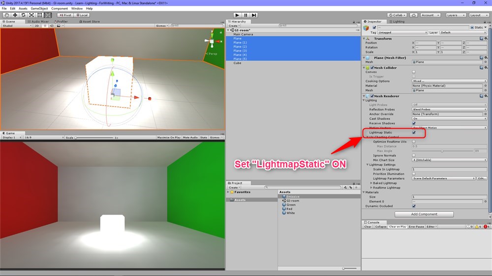PlaneのほうもLightmap StaticをONにする