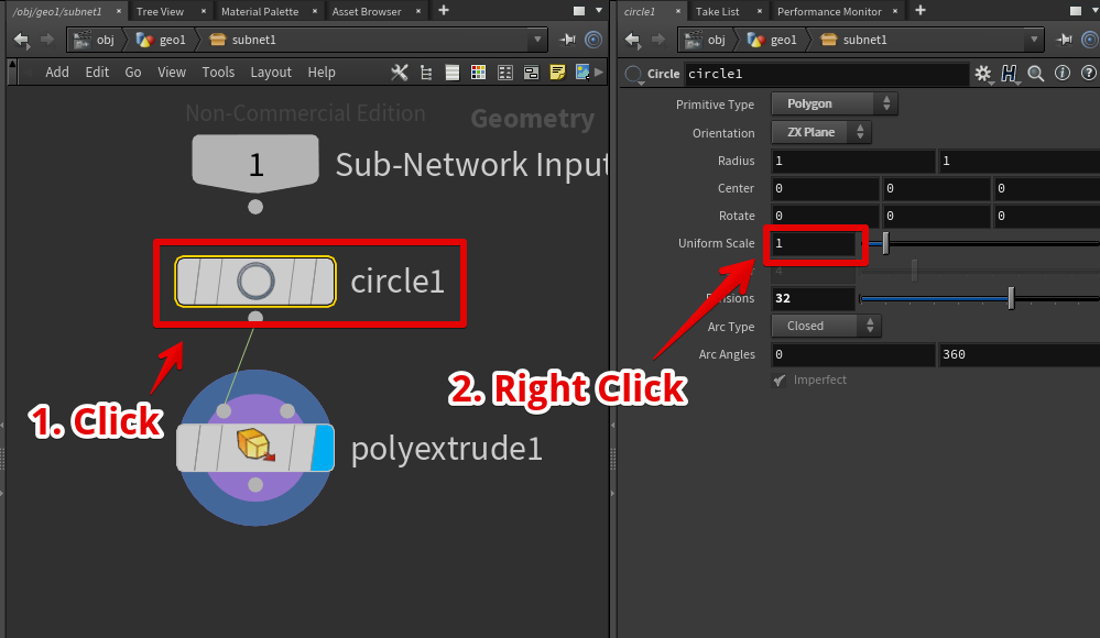 Circleノードのパラメータを右クリック