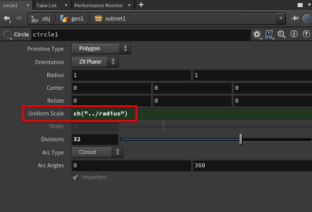 Radiusパラメータへの参照が貼られる