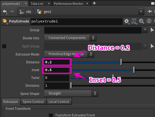 PolyExtrudeのパラメータ設定