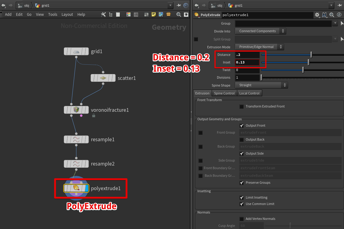 PolyExtrudeノードを接続