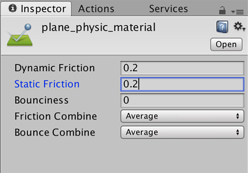 Physic MaterialのInspector数値の変更