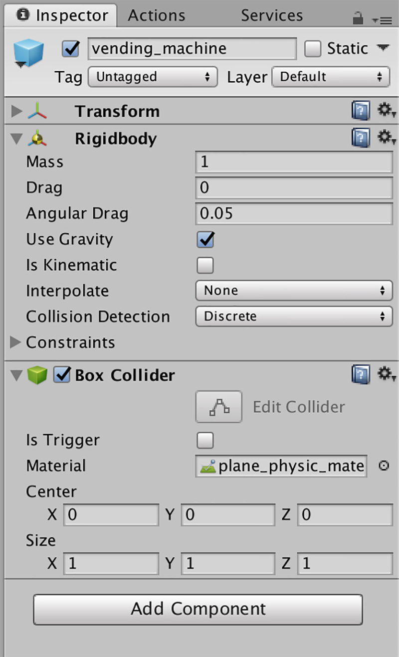 Box Colliderにplane_physic_materialを追加する