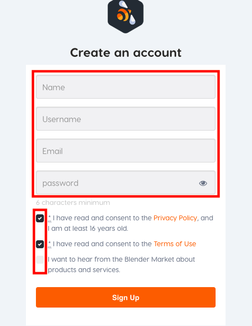 Create an account screen