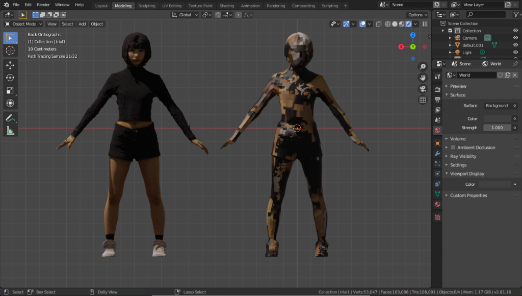 The low-poly model (right) with the texture of the high-poly model (left) applied as is.