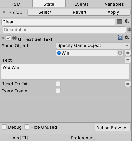 UI Text Set Text action settings