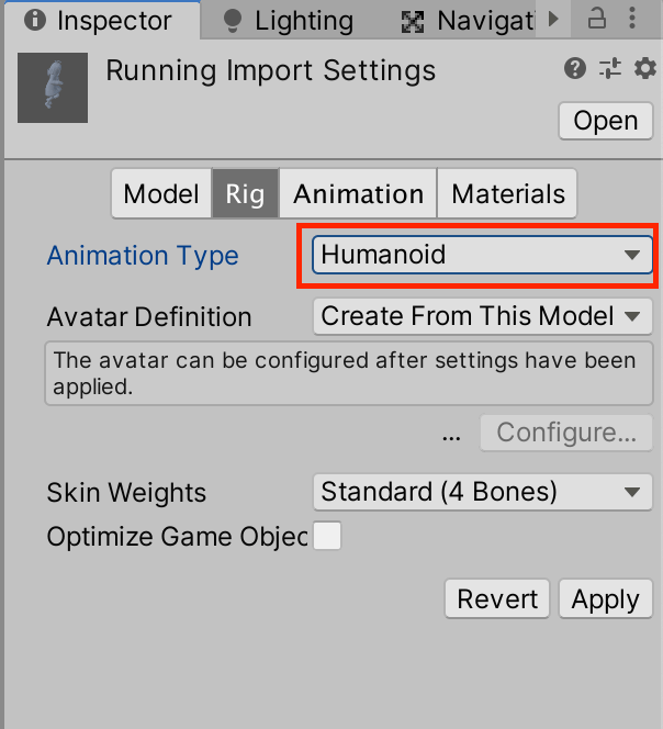 Set the Rig's Animation Type to Humanoid