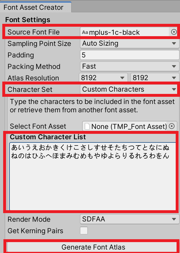 Font Asset Creator Settings for adding Japanese fonts, etc.