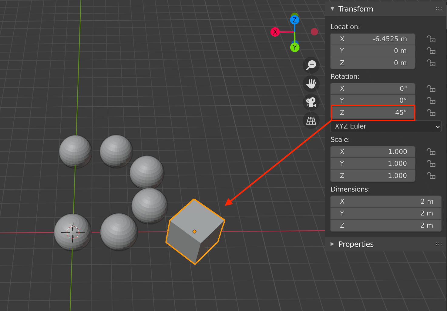 Assigned cube angle is 45 degrees on the Z axis