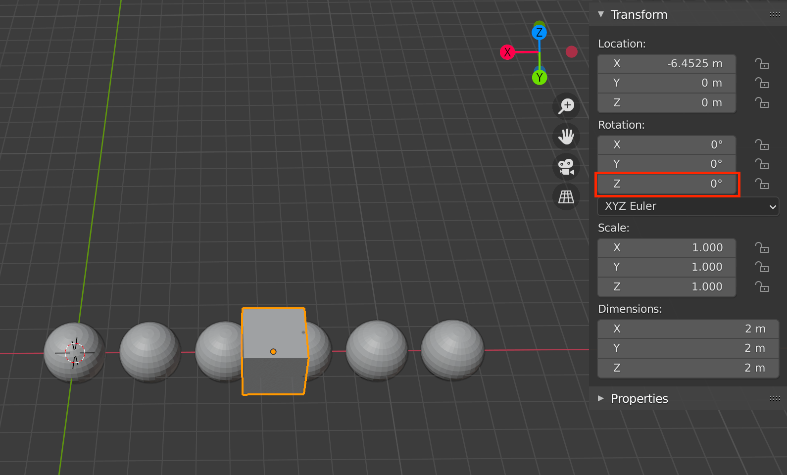 Assigned cube with an angle of 0 degrees on the Z axis