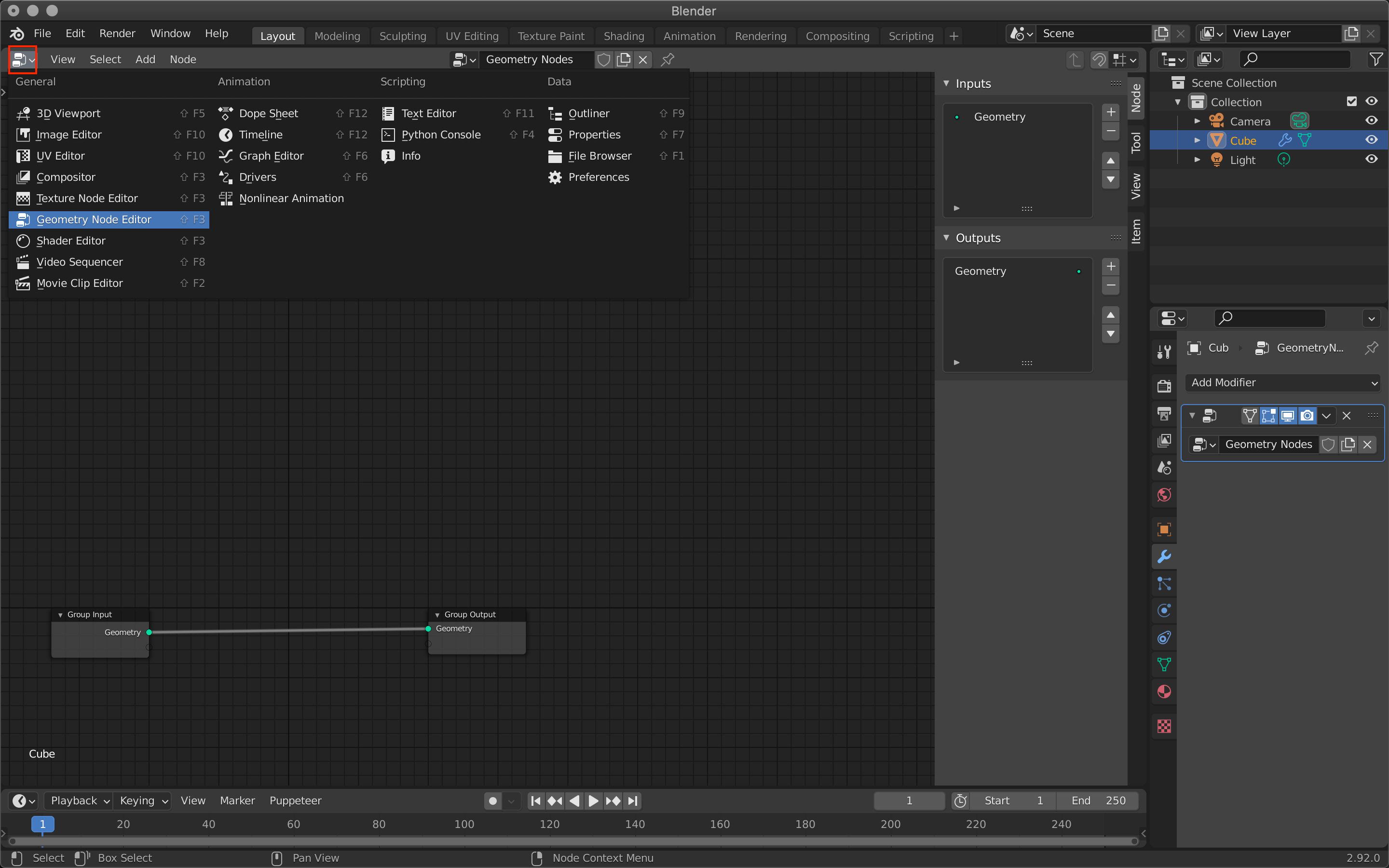 Switch to Node Geometry Node Editor with the upper left icon.