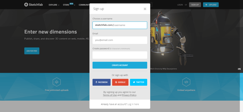 Sketchfab account registration screen