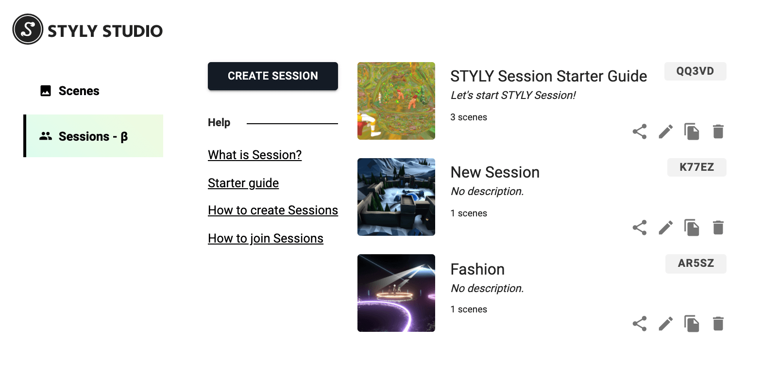 The session management screen