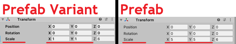 Areas that differ from the original prefab are displayed in bold text in the Inspector.