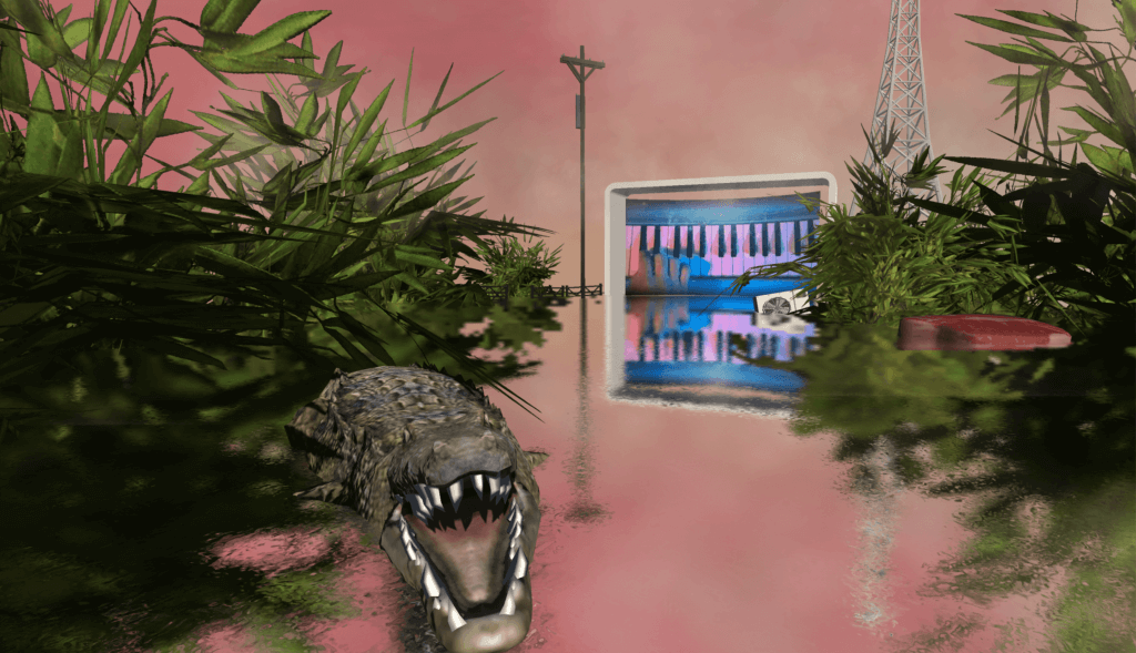 In the back space, there are alligators, piano, outdoor units, and meat.