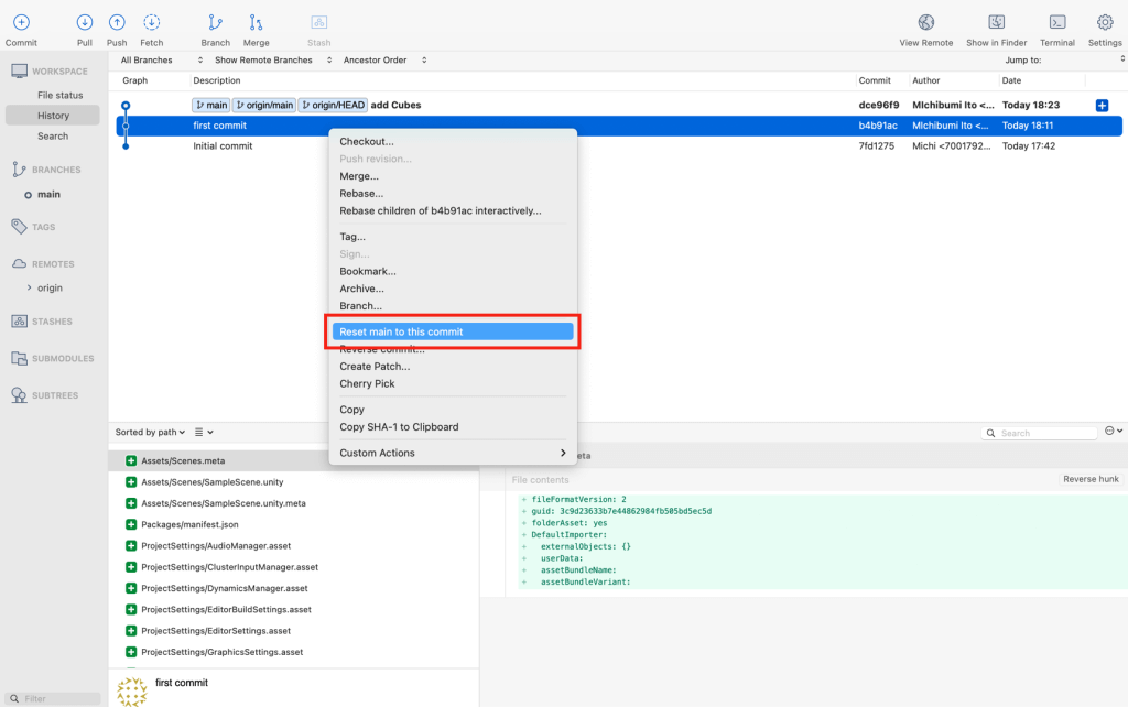 Select "Reset main to this commit"