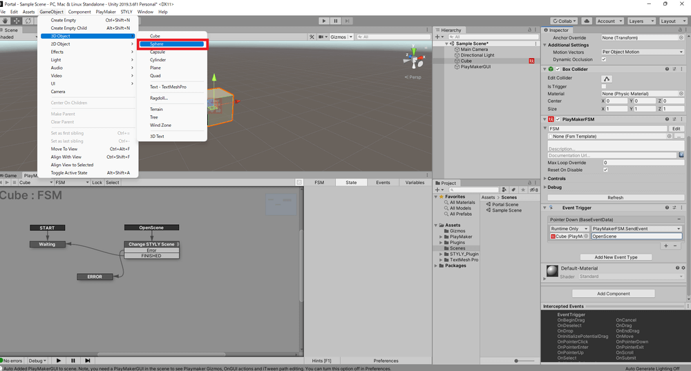 GameObject → 3D Object → Sphereを選択