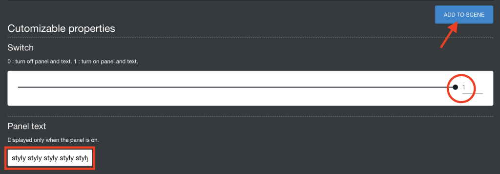 Enter text in the Panel text field, make sure Switch is set to 1 (panel display setting), and press ADD TO SCENE