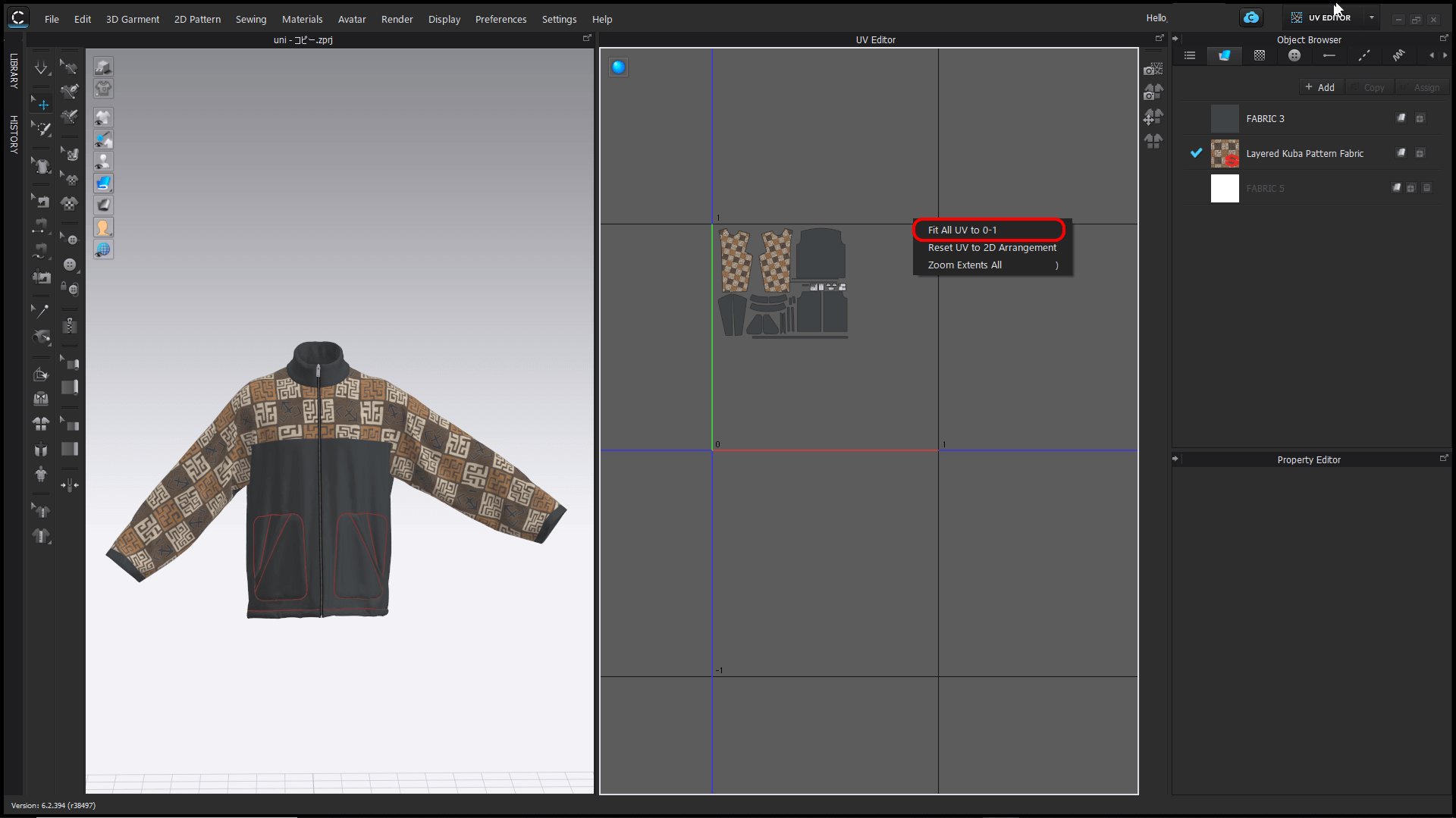 Place the 2D pattern on the rectangle and click on "Reposition all UVs to 0-1