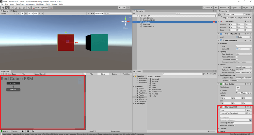 Red CubeにPlayMakerFSMを追加