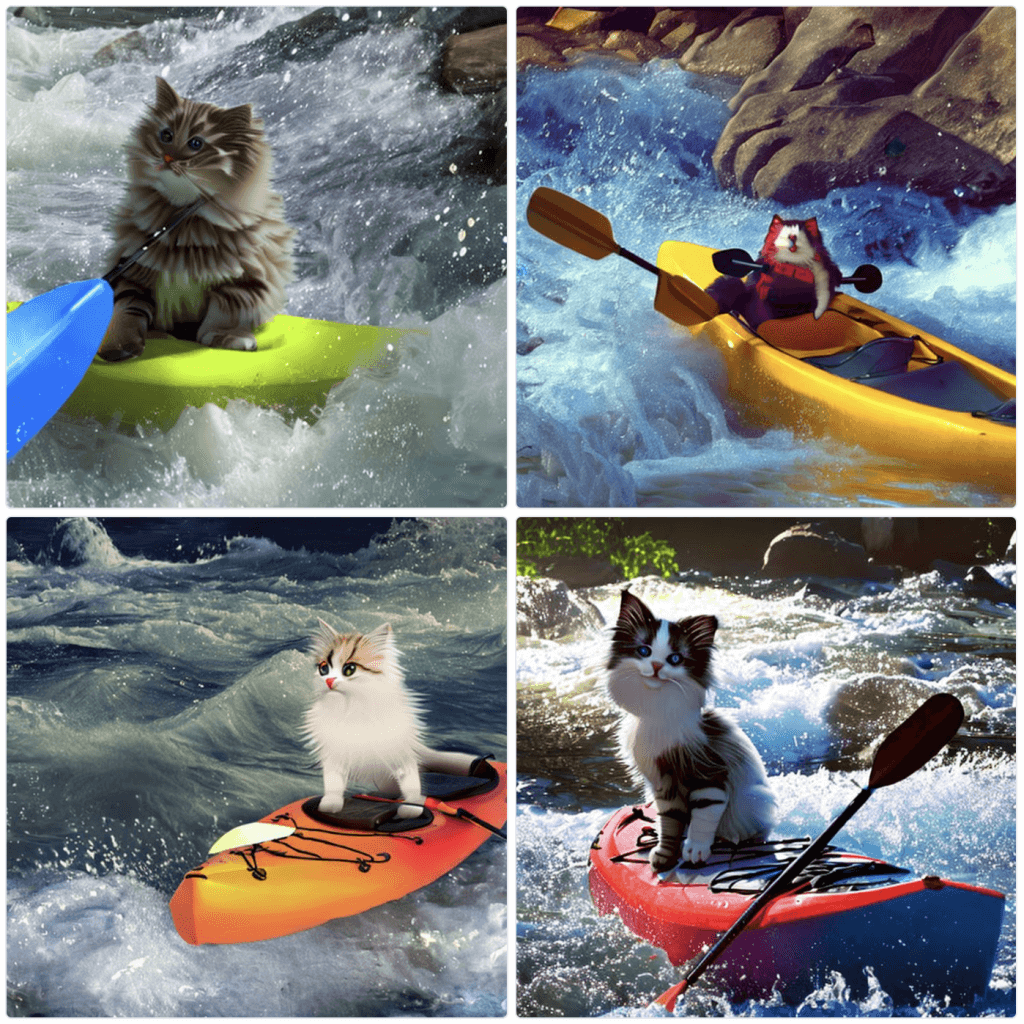 Prompt:  A cute Ragdoll cat kitten riding a kayak down violent rapids, holding a paddle and struggling to survive, action scene, low angle, detailed, high detail, dynamic lighting, warm lighting, volumetric, godrays, vivid, beautiful, huge scene  Negative prompt:  Disfigured, bad art, deformed, poorly drawn, extra limbs, close up, b&w, weird colors, lowres, bad anatomy, bad hands, text, error, missing fingers, extra digit, fewer digits, cropped, worst quality, low quality, normal quality, jpeg artifacts, signature, watermark, username, blurry