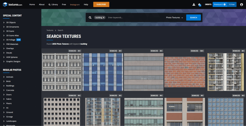 「Building」と入力しフィルターをPhoto Texturesに変更して検索