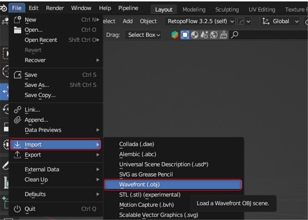 File→Import→Wavefront(.obj)